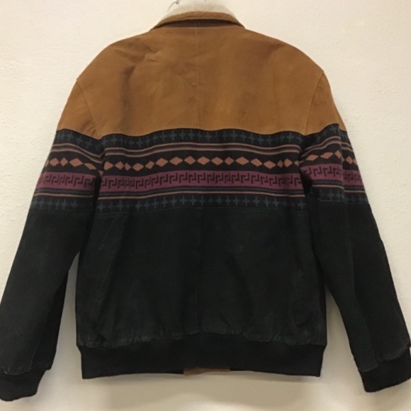80s Vintage Interstate Leather Smoker Western Native Suede Leather Bomber Jacket - Picture 11 of 13